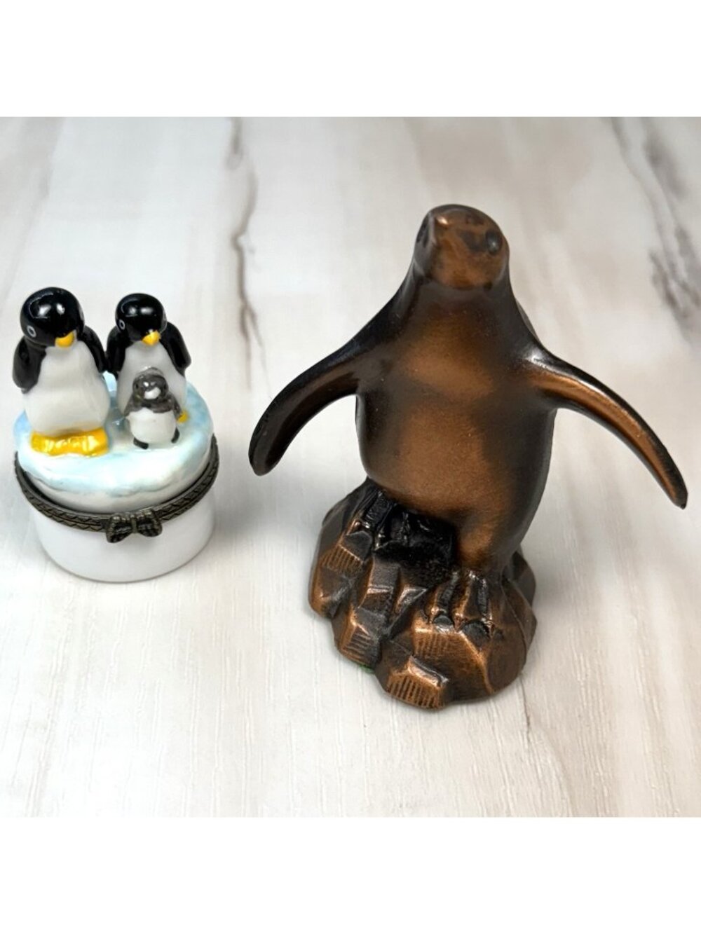 Lot 2 Penguin Figurines 3.75" Bronzetone & 2.5" Ceramic Porcelain Trinket Box